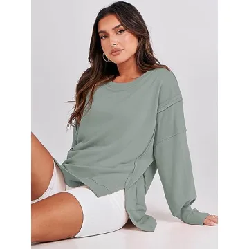 ANRABESS Women's Oversized Sweatshirt Crew Neck Long Sleeve Casual Slit Pullover Top Fall 2024 Teen Girl Preppy Clothes Light Green L