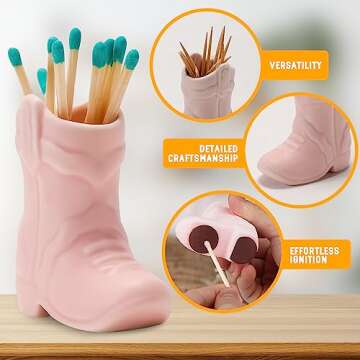 AetheresEmporium Ceramic Cowboy Boot Match Holder with Striker 4-Inch Portable Vintage Match Holder in Pink, Black, White or Terracotta - Cute Decor Match Holder (No Matchsticks Included) (Pink)