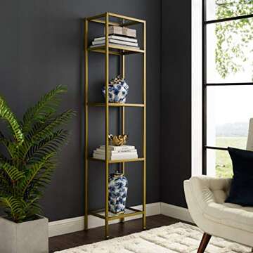 Crosley Furniture Aimee Narrow Bookshelf with Glass Shelves, Bookcase Storage, Gold and Glass
