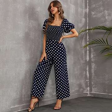 Love Welove Fashion Floral Jumpsuits for Women, casual Loose Romper Short Sleeve Smocked High Waist Wide Leg Pants Outfits