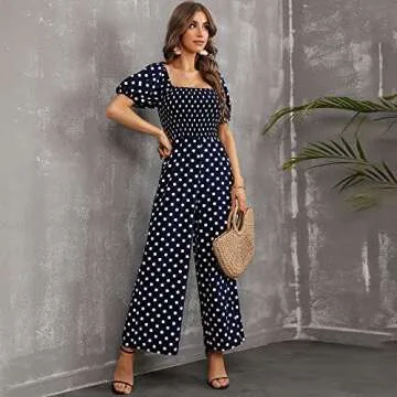 Love Welove Fashion Floral Jumpsuits for Women, casual Loose Romper Short Sleeve Smocked High Waist Wide Leg Pants Outfits