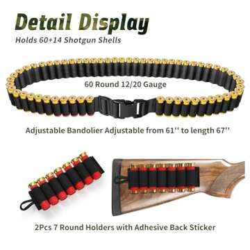 Tyseam 12/20 Gauge 60 Round Adjustable Shotgun Shell Bandolier with Quick Release Buckle, 2 Pack Sho...