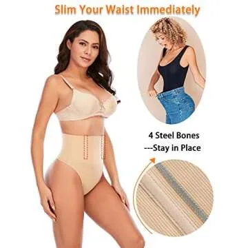 Werena Tummy Control Thong Shapewear for Women Seamless Shaping Thong Panties Body Shaper Underwear(01# Beige-mid Waisted(has Boning),Small)
