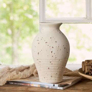 LUKA 9.2 inch Terracotta Vase, Ceramic Rustic Farmhouse Vase,Housewarming/Christmas Decoration Vases for Home Decor, Table, Living Room, Shelf,Mantel Decoration（White）