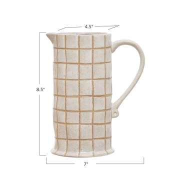 Bloomingville 8.5 Inches 46-Ounce Stoneware Pitcher with Wax Relief Grid Pattern in Reactive Glaze, ...
