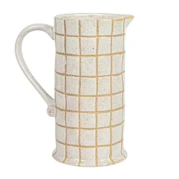 Bloomingville 8.5 Inches 46-Ounce Stoneware Pitcher with Wax Relief Grid Pattern in Reactive Glaze, Cream and Brown