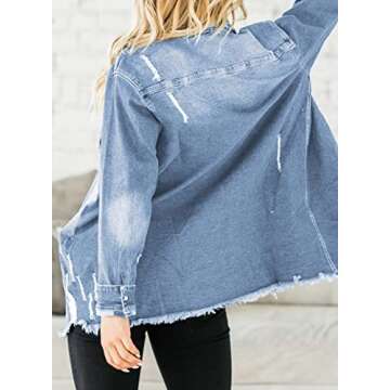 Dokotoo Womens Jean Jacket Frayed Washed Button Down Distressed 2025 Spring Summer Outfits Long Sleeve Denim Shirts for Women Oversized Casual Fashion Boyfriend Jean Jackets for Women Sky Blue XL