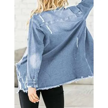 Dokotoo Womens Jean Jacket Frayed Washed Button Down Distressed 2025 Spring Summer Outfits Long Sleeve Denim Shirts for Women Oversized Casual Fashion Boyfriend Jean Jackets for Women Sky Blue XL