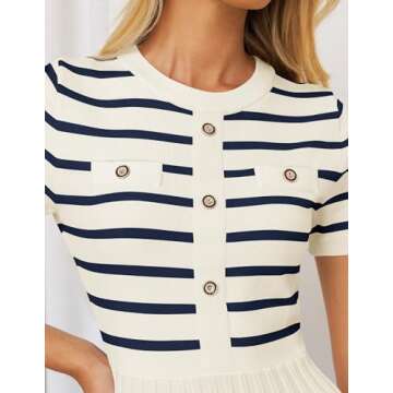 ZESICA Women's 2025 Casual Striped Midi Dress Crewneck Short Sleeve Button Ribbed Knit Swing Pleated A Line Dresses,Beige,Large