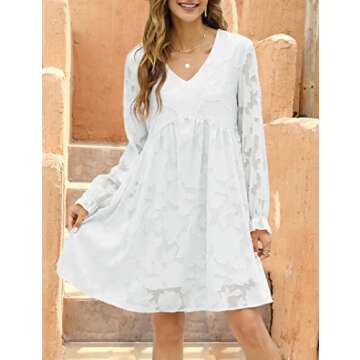 MISSKY Women White Dress Bridal Shower Babydoll V Neck Long Puff Sleeve Chiffon High Waist Jacquard Print 2022 Fall Fashion Ruffle Disney Mini Dress, S