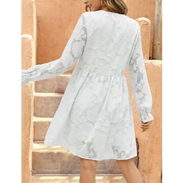 MISSKY Women White Dress Bridal Shower Babydoll V Neck Long Puff Sleeve Chiffon High Waist Jacquard Print 2022 Fall Fashion Ruffle Disney Mini Dress, S