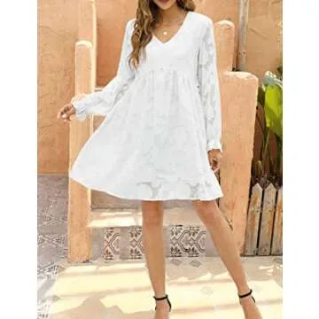 MISSKY Women White Dress Bridal Shower Babydoll V Neck Long Puff Sleeve Chiffon High Waist Jacquard Print 2022 Fall Fashion Ruffle Disney Mini Dress, S