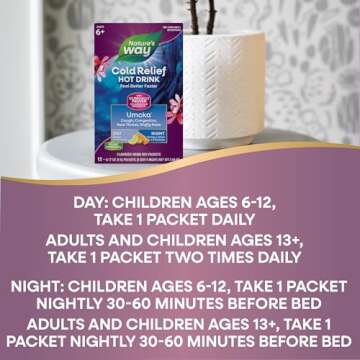 Nature's Way Cold Relief Hot Drink, Umcka, Homeopathic, Clinically Proven Pelargonium Sidoides 1X, for Cough, Congestion, Sore Throat, Stuffy Nose, Day & Night Formula, 12 Packets (Packaging May Vary)