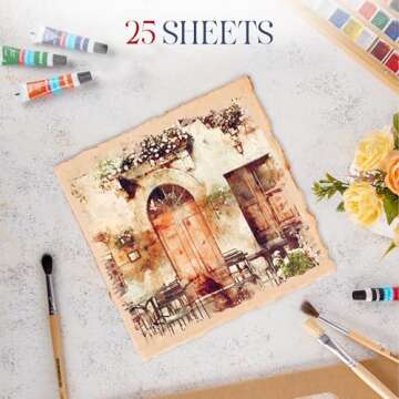 Wanderings Thick Handmade Vintage Watercolor Paper with Deckle Edge - 8x8-300GSM - 25 Loose Leaf She...