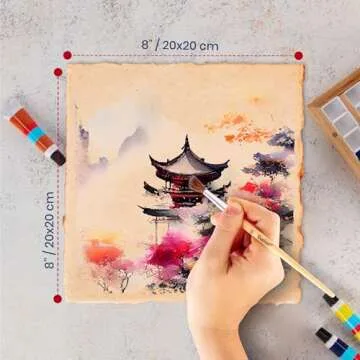 Wanderings Thick Handmade Vintage Watercolor Paper with Deckle Edge - 8x8-300GSM - 25 Loose Leaf Sheets - Premium Antiqued Cold Press Textured Mixed Media Paper Made with Recycled Cotton