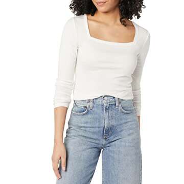 Amazon Essentials Women's Slim-Fit Long Sleeve Square Neck T-Shirt, Ivory, Small