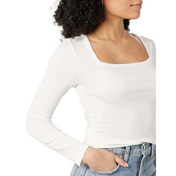 Amazon Essentials Women's Slim-Fit Long Sleeve Square Neck T-Shirt, Ivory, Small