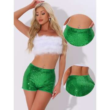 Allegra K Sequin Shorts for Women's Midrise Solid Zipper Elastic Waist Sparkle Cocktail Night Out Shorts Large Green