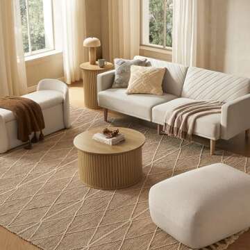 mopio Quin Tambour Round Circle Coffee Table with Storage, Drum Accent, Mid Century Modern, Wood, Fl...