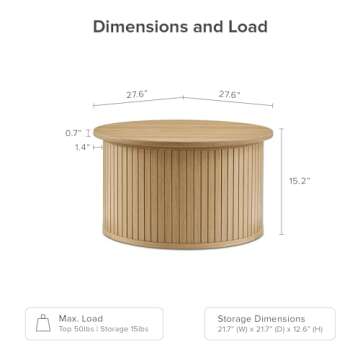 mopio Quin Tambour Round Circle Coffee Table with Storage, Drum Accent, Mid Century Modern, Wood, Fluted Center, Tea Table with Removable Lid, Living Room (Light Oak)