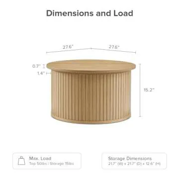 mopio Quin Tambour Round Circle Coffee Table with Storage, Drum Accent, Mid Century Modern, Wood, Fluted Center, Tea Table with Removable Lid, Living Room (Light Oak)