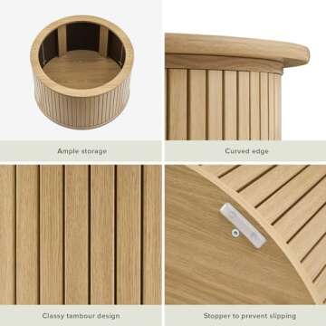 mopio Quin Tambour Round Circle Coffee Table with Storage, Drum Accent, Mid Century Modern, Wood, Fluted Center, Tea Table with Removable Lid, Living Room (Light Oak)