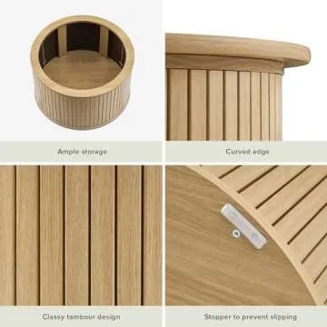 mopio Quin Tambour Round Circle Coffee Table with Storage, Drum Accent, Mid Century Modern, Wood, Fluted Center, Tea Table with Removable Lid, Living Room (Light Oak)