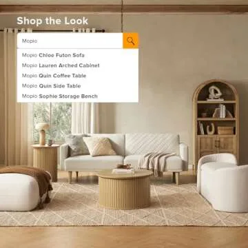 mopio Quin Tambour Round Circle Coffee Table with Storage, Drum Accent, Mid Century Modern, Wood, Fluted Center, Tea Table with Removable Lid, Living Room (Light Oak)