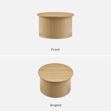 mopio Quin Tambour Round Circle Coffee Table with Storage, Drum Accent, Mid Century Modern, Wood, Fluted Center, Tea Table with Removable Lid, Living Room (Light Oak)