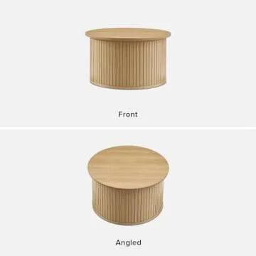 mopio Quin Tambour Round Circle Coffee Table with Storage, Drum Accent, Mid Century Modern, Wood, Fluted Center, Tea Table with Removable Lid, Living Room (Light Oak)