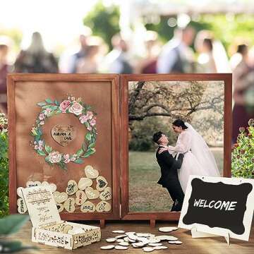 Guest Book for Wedding Alternative with 160pcs Hearts- Rustic Wedding Decorations for Reception Wooden Picture Frame Wedding Signs Guest Book with Pen Welcome Blackboard
