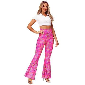 Flare Pants for Women 70s 80s Dance Costume Bell Bottom Pink Disco Hippie Pants S