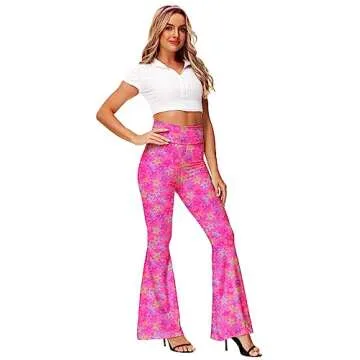 Flare Pants for Women 70s 80s Dance Costume Bell Bottom Pink Disco Hippie Pants S