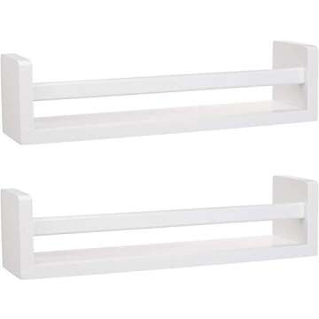 MASHBA Nursery Floating Shelf, Set of 2, White Wall Mounted Bookshelves for Organizing Books, Toy Storage, Knick Knacks, and Cute Home Decor