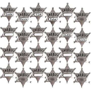 Metal Sheriff Badges - (Pack of 24) Silver Star Name Badges with Stickers for Personalized Names, We...