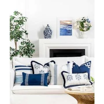 Hofdeco Premium Coastal Patio Indoor Outdoor Throw Pillow Cover Only, 20"x20" Water Repellent for Backyard, Couch, Navy Blue Embroidered Frame Greek Key