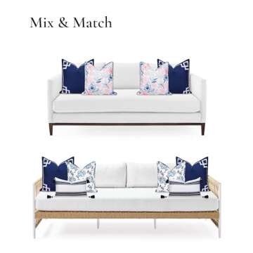 Hofdeco Premium Coastal Patio Indoor Outdoor Throw Pillow Cover Only, 20"x20" Water Repellent for Backyard, Couch, Navy Blue Embroidered Frame Greek Key