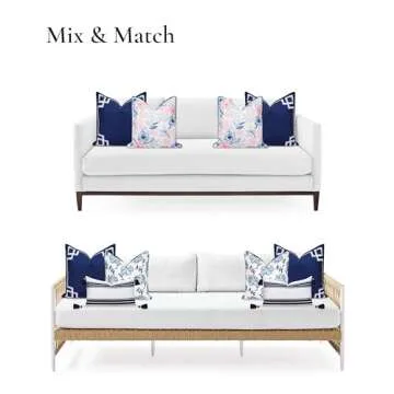 Hofdeco Premium Coastal Patio Indoor Outdoor Throw Pillow Cover Only, 20"x20" Water Repellent for Backyard, Couch, Navy Blue Embroidered Frame Greek Key