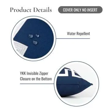 Hofdeco Premium Coastal Patio Indoor Outdoor Throw Pillow Cover Only, 20"x20" Water Repellent for Backyard, Couch, Navy Blue Embroidered Frame Greek Key