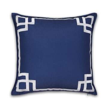 Hofdeco Premium Coastal Patio Indoor Outdoor Throw Pillow Cover Only, 20"x20" Water Repellent for Backyard, Couch, Navy Blue Embroidered Frame Greek Key