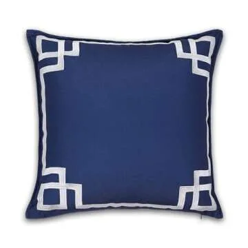 Hofdeco Premium Coastal Patio Indoor Outdoor Throw Pillow Cover Only, 20"x20" Water Repellent for Backyard, Couch, Navy Blue Embroidered Frame Greek Key