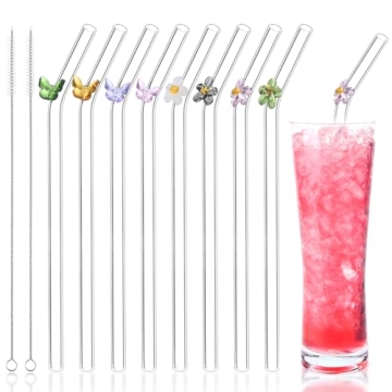 BIEOFFEI 8 Pack Reusable Glass Straws with Flower Butterfly 8" x 8 MM Clear Glass Straws Bent Glass ...