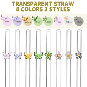BIEOFFEI 8 Pack Reusable Glass Straws with Flower Butterfly 8" x 8 MM Clear Glass Straws Bent Glass Drinking Straw with 2 Cleaning Brush, Cute Glass Straws with Charms for Smoothies, Drink, Tea, Juice