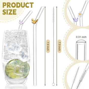 BIEOFFEI 8 Pack Reusable Glass Straws with Flower Butterfly 8" x 8 MM Clear Glass Straws Bent Glass Drinking Straw with 2 Cleaning Brush, Cute Glass Straws with Charms for Smoothies, Drink, Tea, Juice