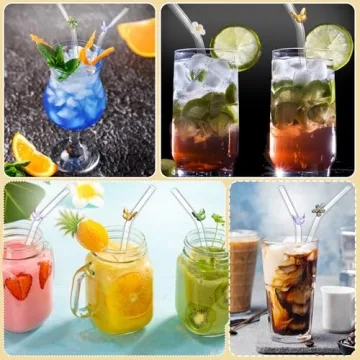 BIEOFFEI 8 Pack Reusable Glass Straws with Flower Butterfly 8" x 8 MM Clear Glass Straws Bent Glass Drinking Straw with 2 Cleaning Brush, Cute Glass Straws with Charms for Smoothies, Drink, Tea, Juice