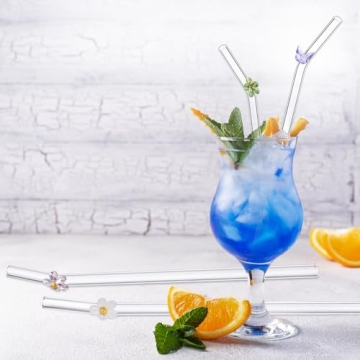 BIEOFFEI 8 Pack Reusable Glass Straws with Flower Butterfly 8" x 8 MM Clear Glass Straws Bent Glass Drinking Straw with 2 Cleaning Brush, Cute Glass Straws with Charms for Smoothies, Drink, Tea, Juice