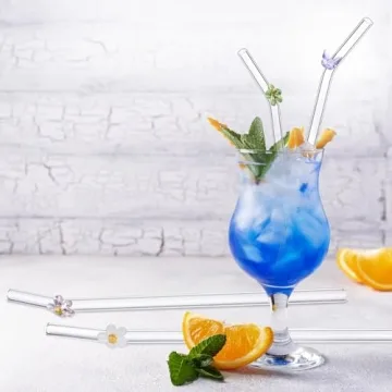 BIEOFFEI 8 Pack Reusable Glass Straws with Flower Butterfly 8" x 8 MM Clear Glass Straws Bent Glass Drinking Straw with 2 Cleaning Brush, Cute Glass Straws with Charms for Smoothies, Drink, Tea, Juice