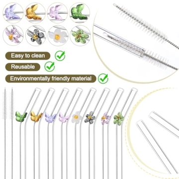 BIEOFFEI 8 Pack Reusable Glass Straws with Flower Butterfly 8" x 8 MM Clear Glass Straws Bent Glass Drinking Straw with 2 Cleaning Brush, Cute Glass Straws with Charms for Smoothies, Drink, Tea, Juice