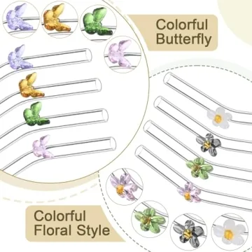 BIEOFFEI 8 Pack Reusable Glass Straws with Flower Butterfly 8" x 8 MM Clear Glass Straws Bent Glass Drinking Straw with 2 Cleaning Brush, Cute Glass Straws with Charms for Smoothies, Drink, Tea, Juice