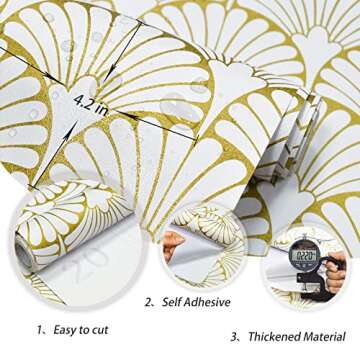 MelunMer Gold Peel and Stick Wallpaper Boho Gold Contact Paper for Cabinets Self Adhesive Removable Wallpaper for Bedroom/Bathroom Modern Contact Paper Leaf Ginkgo Biloba 78.8 in L 17.3In W
